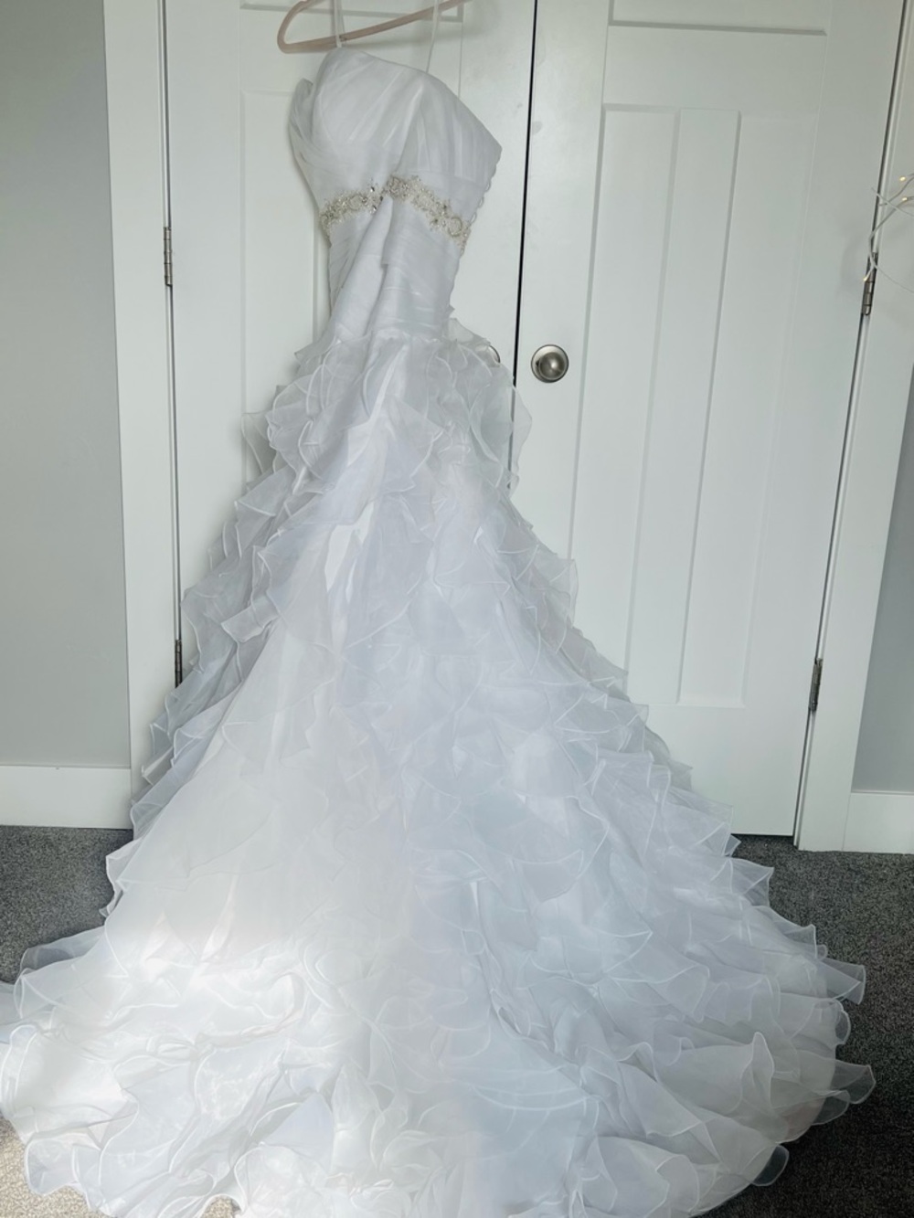 Romantic Strapless Ruffled White Wedding Gown with Beaded Waist - Picture 4 of 14